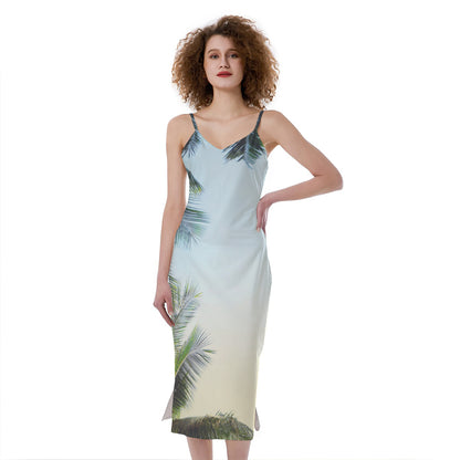 Vintage Coconut Tree Print Slim Fit Midi Cami Dress