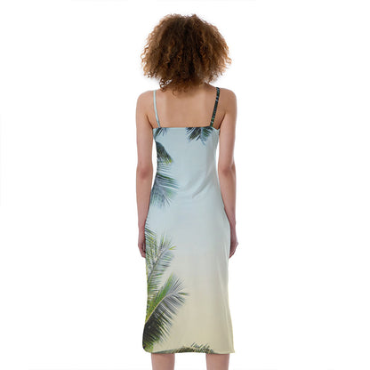 Vintage Coconut Tree Print Slim Fit Midi Cami Dress