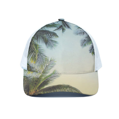 Vintage Coconut Tree Print White Mesh Trucker Cap