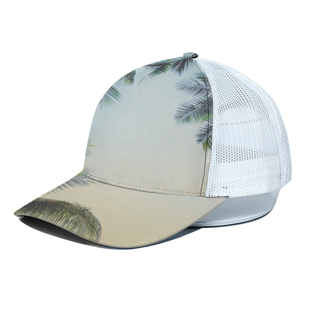 Vintage Coconut Tree Print White Mesh Trucker Cap