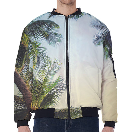 Vintage Coconut Tree Print Zip Sleeve Bomber Jacket