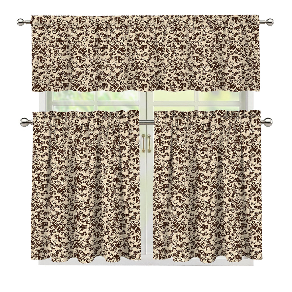 Vintage Coffee Bean Pattern Print 3 Piece Kitchen Curtains