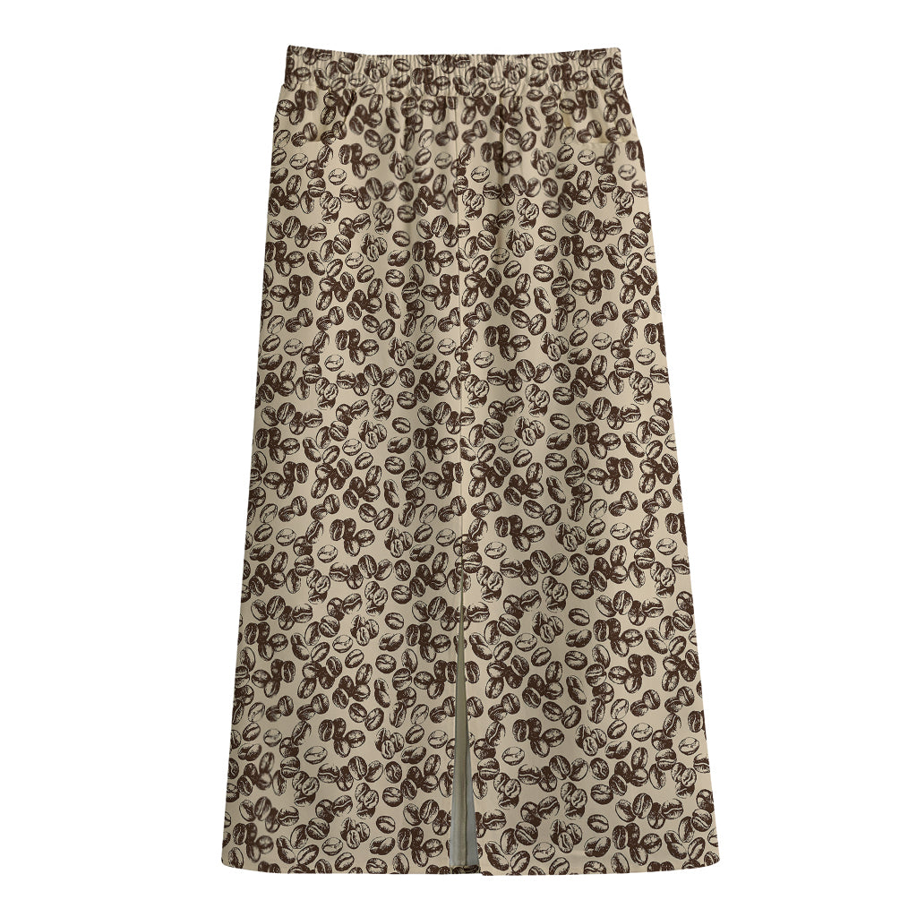 Vintage Coffee Bean Pattern Print Cotton Front Slit Maxi Skirt