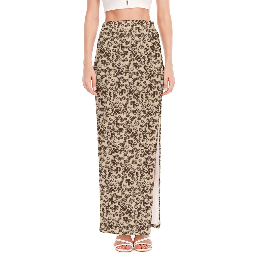 Vintage Coffee Bean Pattern Print High Slit Maxi Skirt