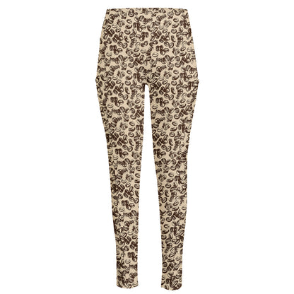 Vintage Coffee Bean Pattern Print High-Waisted Pocket Leggings