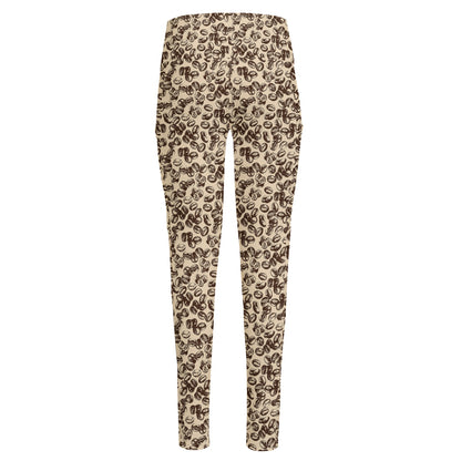 Vintage Coffee Bean Pattern Print High-Waisted Pocket Leggings