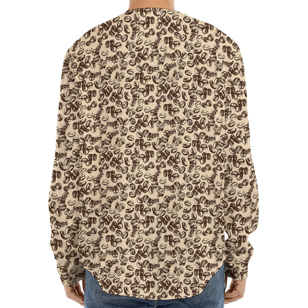 Vintage Coffee Bean Pattern Print Long Sleeve Baseball Jersey