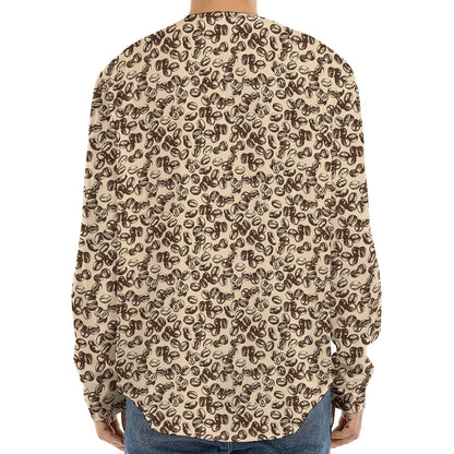 Vintage Coffee Bean Pattern Print Long Sleeve Baseball Jersey