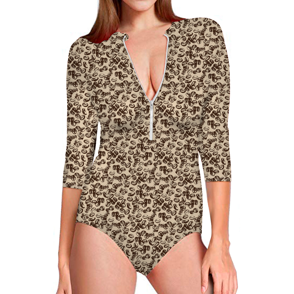 Vintage Coffee Bean Pattern Print Long Sleeve Swimsuit