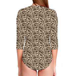 Vintage Coffee Bean Pattern Print Long Sleeve Swimsuit