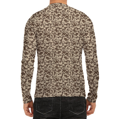 Vintage Coffee Bean Pattern Print Men's Long Sleeve Rash Guard