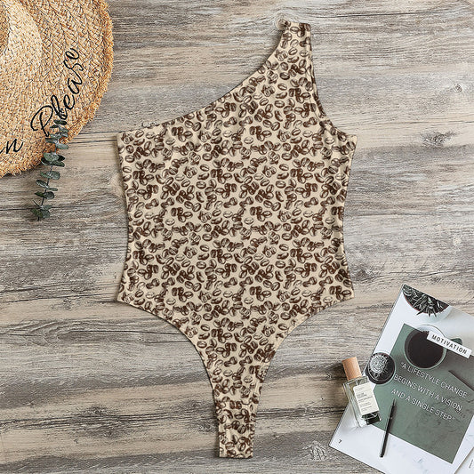 Vintage Coffee Bean Pattern Print One Shoulder Bodysuit