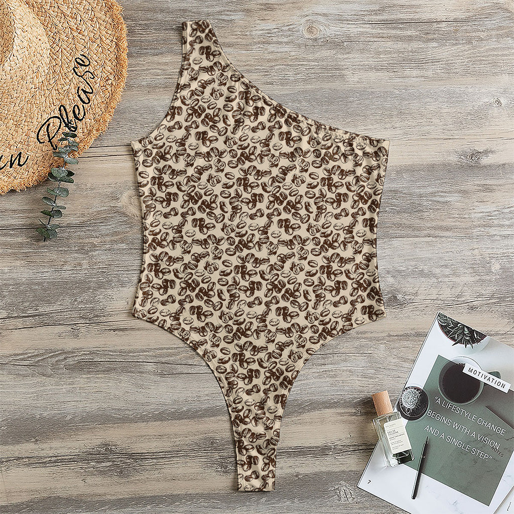 Vintage Coffee Bean Pattern Print One Shoulder Bodysuit