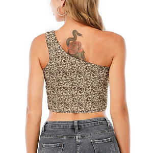 Vintage Coffee Bean Pattern Print One Shoulder Crop Top