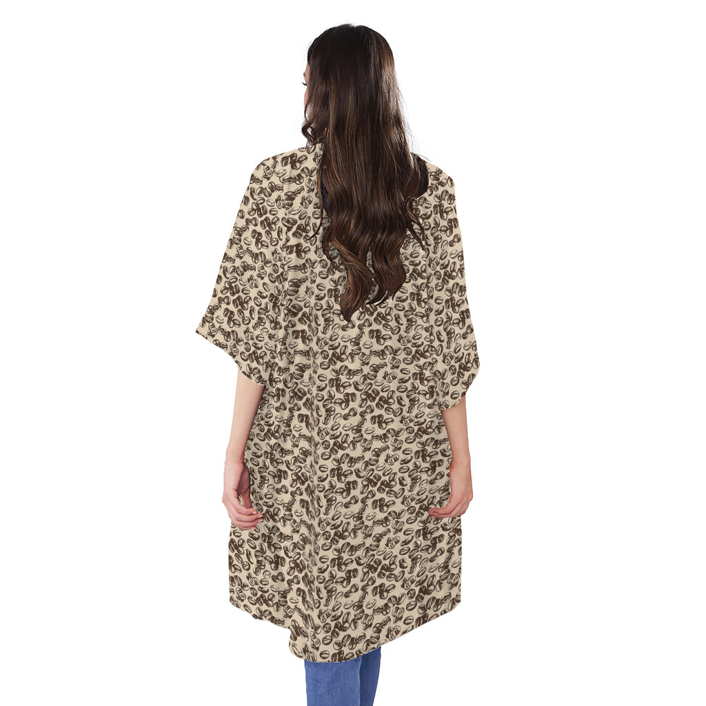 Vintage Coffee Bean Pattern Print Open Front Beach Cover Up