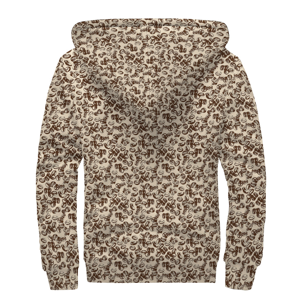 Vintage Coffee Bean Pattern Print Sherpa Lined Zip Up Hoodie
