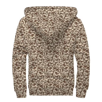 Vintage Coffee Bean Pattern Print Sherpa Lined Zip Up Hoodie