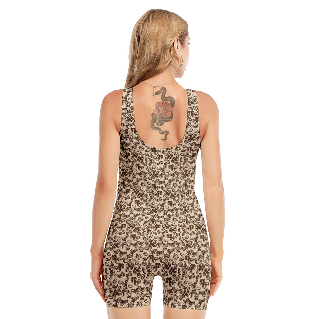 Vintage Coffee Bean Pattern Print Sleeveless One Piece Swimsuit