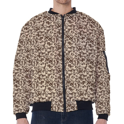 Vintage Coffee Bean Pattern Print Zip Sleeve Bomber Jacket