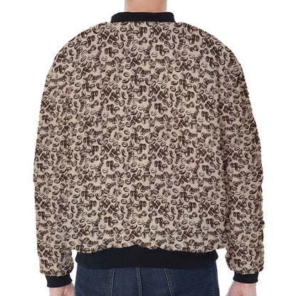 Vintage Coffee Bean Pattern Print Zip Sleeve Bomber Jacket