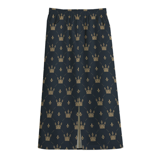 Vintage Crown Pattern Print Cotton Front Slit Maxi Skirt