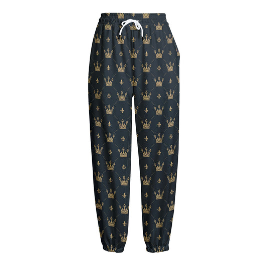 Vintage Crown Pattern Print Fleece Lined Knit Pants