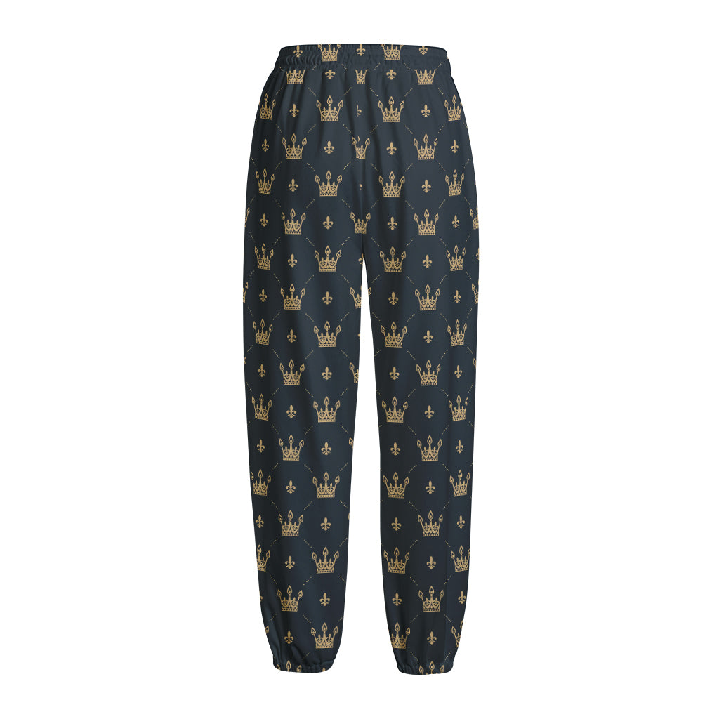 Vintage Crown Pattern Print Fleece Lined Knit Pants