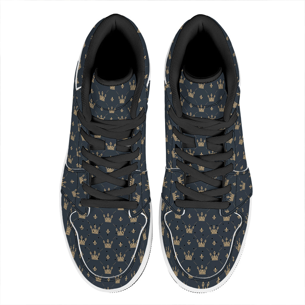 Vintage Crown Pattern Print High Top Leather Sneakers