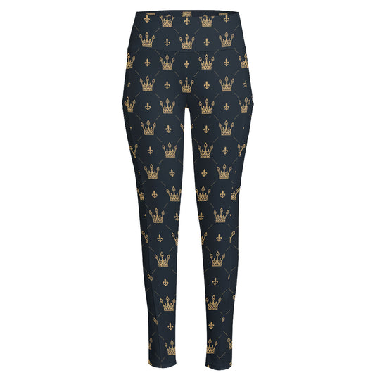 Vintage Crown Pattern Print High-Waisted Pocket Leggings