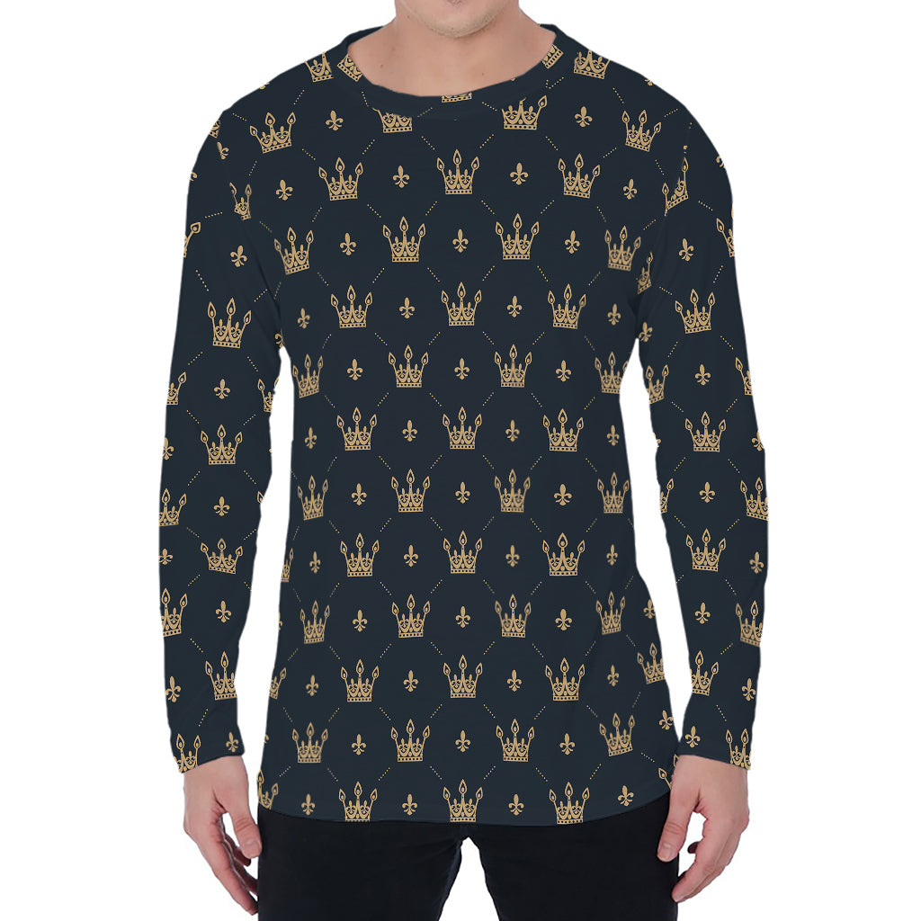Vintage Crown Pattern Print Men's Long Sleeve T-Shirt