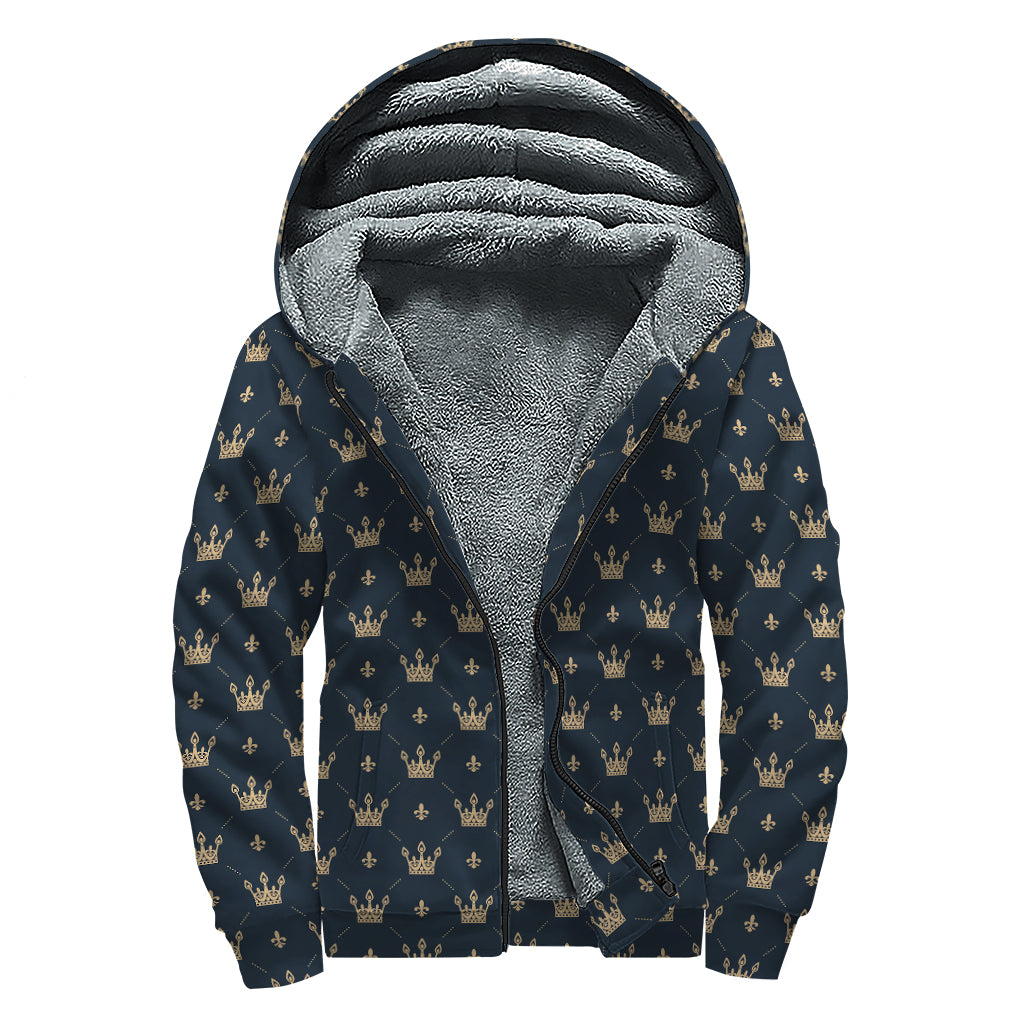 Vintage Crown Pattern Print Sherpa Lined Zip Up Hoodie