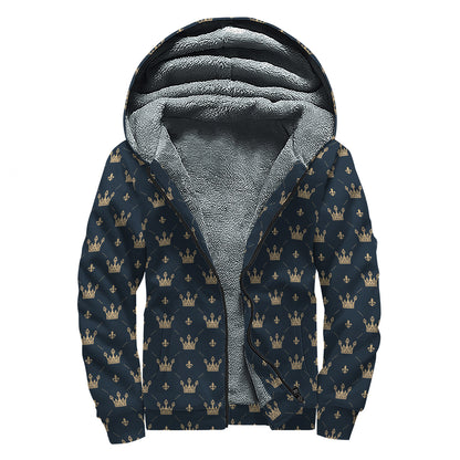 Vintage Crown Pattern Print Sherpa Lined Zip Up Hoodie