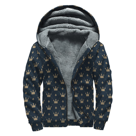 Vintage Crown Pattern Print Sherpa Lined Zip Up Hoodie