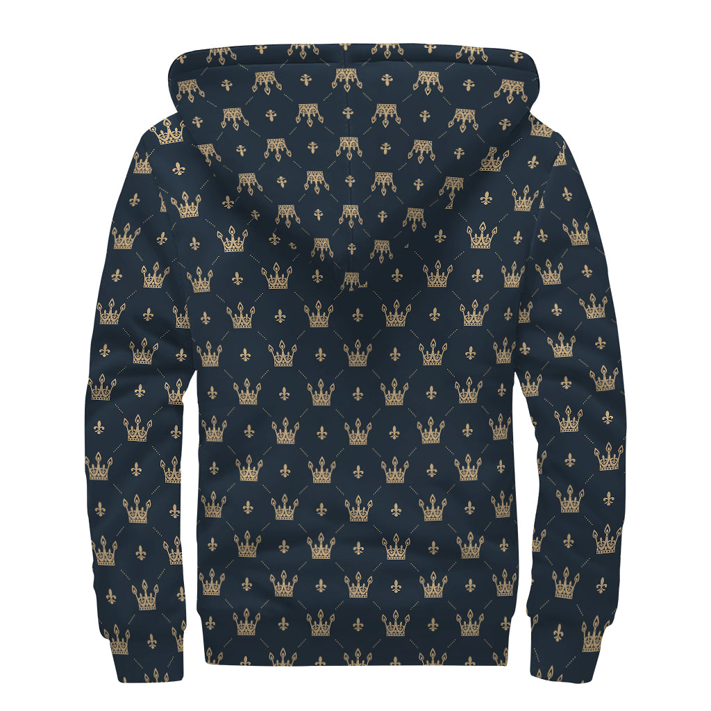 Vintage Crown Pattern Print Sherpa Lined Zip Up Hoodie