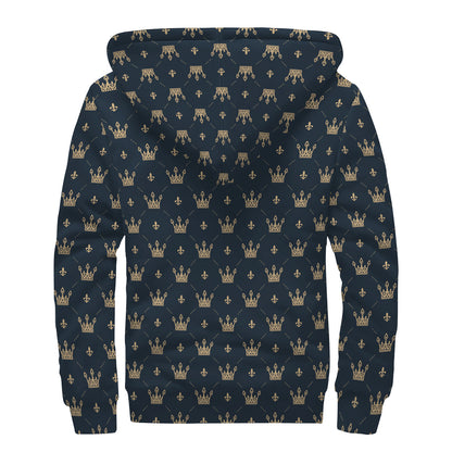 Vintage Crown Pattern Print Sherpa Lined Zip Up Hoodie
