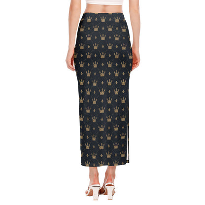 Vintage Crown Pattern Print Side Slit Maxi Skirt