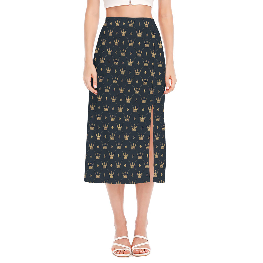 Vintage Crown Pattern Print Side Slit Midi Skirt