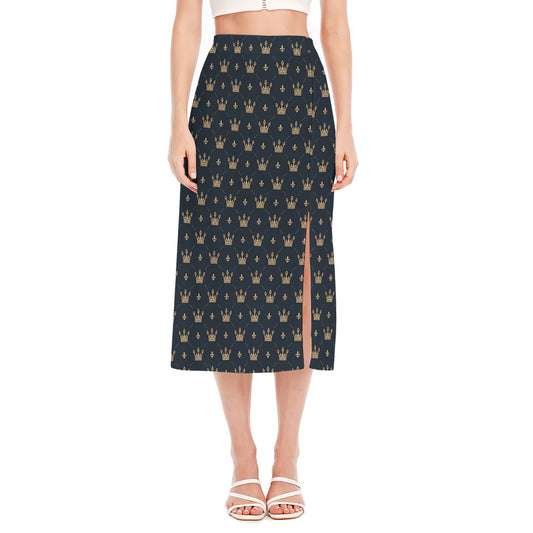 Vintage Crown Pattern Print Side Slit Midi Skirt