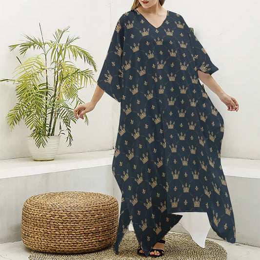 Vintage Crown Pattern Print Silk V-Neck Kaftan Dress