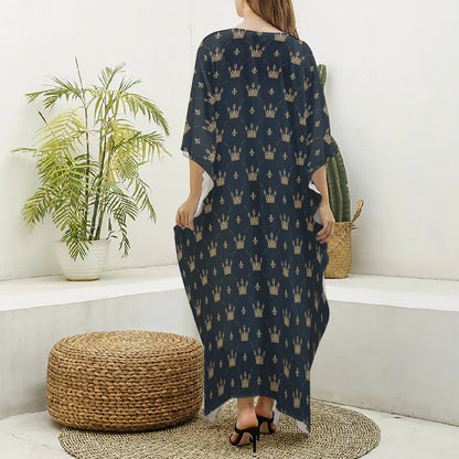 Vintage Crown Pattern Print Silk V-Neck Kaftan Dress
