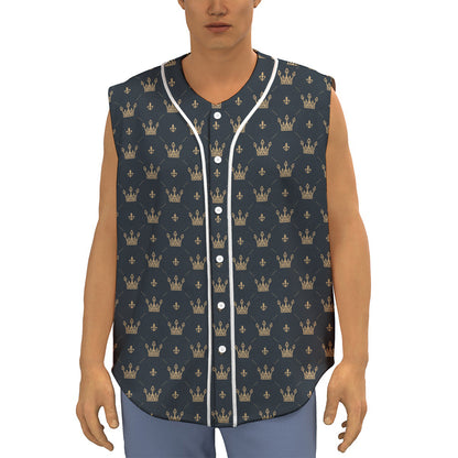 Vintage Crown Pattern Print Sleeveless Baseball Jersey