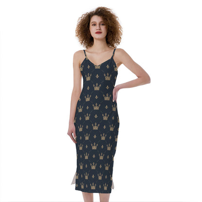 Vintage Crown Pattern Print Slim Fit Midi Cami Dress