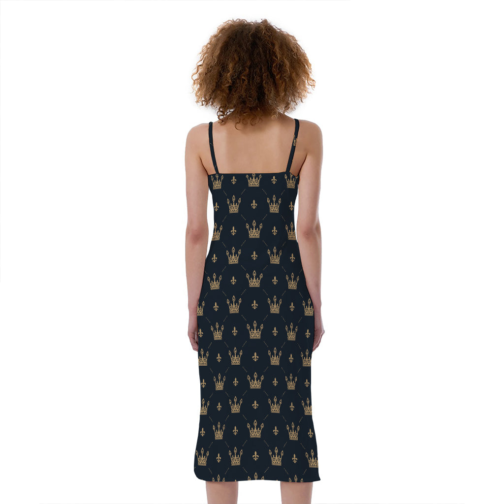 Vintage Crown Pattern Print Slim Fit Midi Cami Dress