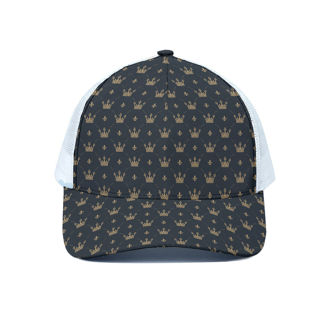 Vintage Crown Pattern Print White Mesh Trucker Cap