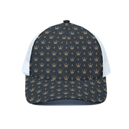 Vintage Crown Pattern Print White Mesh Trucker Cap