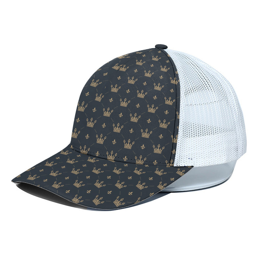 Vintage Crown Pattern Print White Mesh Trucker Cap
