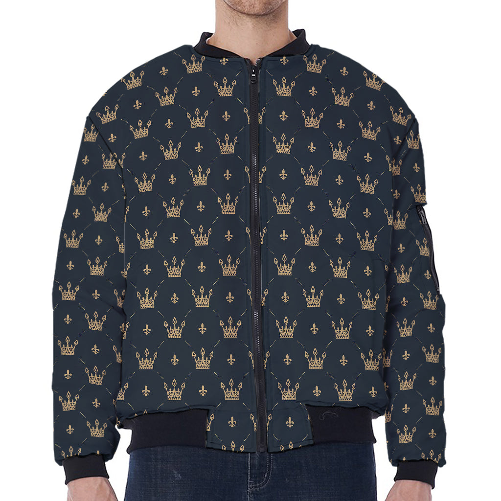 Vintage Crown Pattern Print Zip Sleeve Bomber Jacket