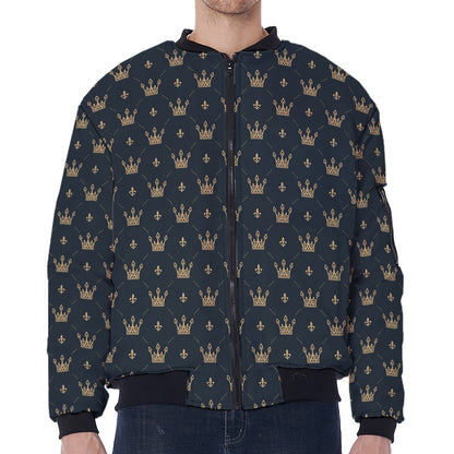 Vintage Crown Pattern Print Zip Sleeve Bomber Jacket