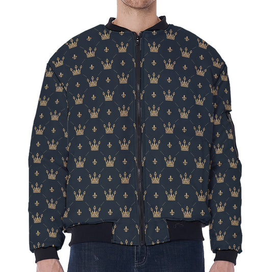 Vintage Crown Pattern Print Zip Sleeve Bomber Jacket