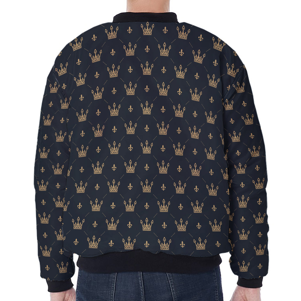 Vintage Crown Pattern Print Zip Sleeve Bomber Jacket